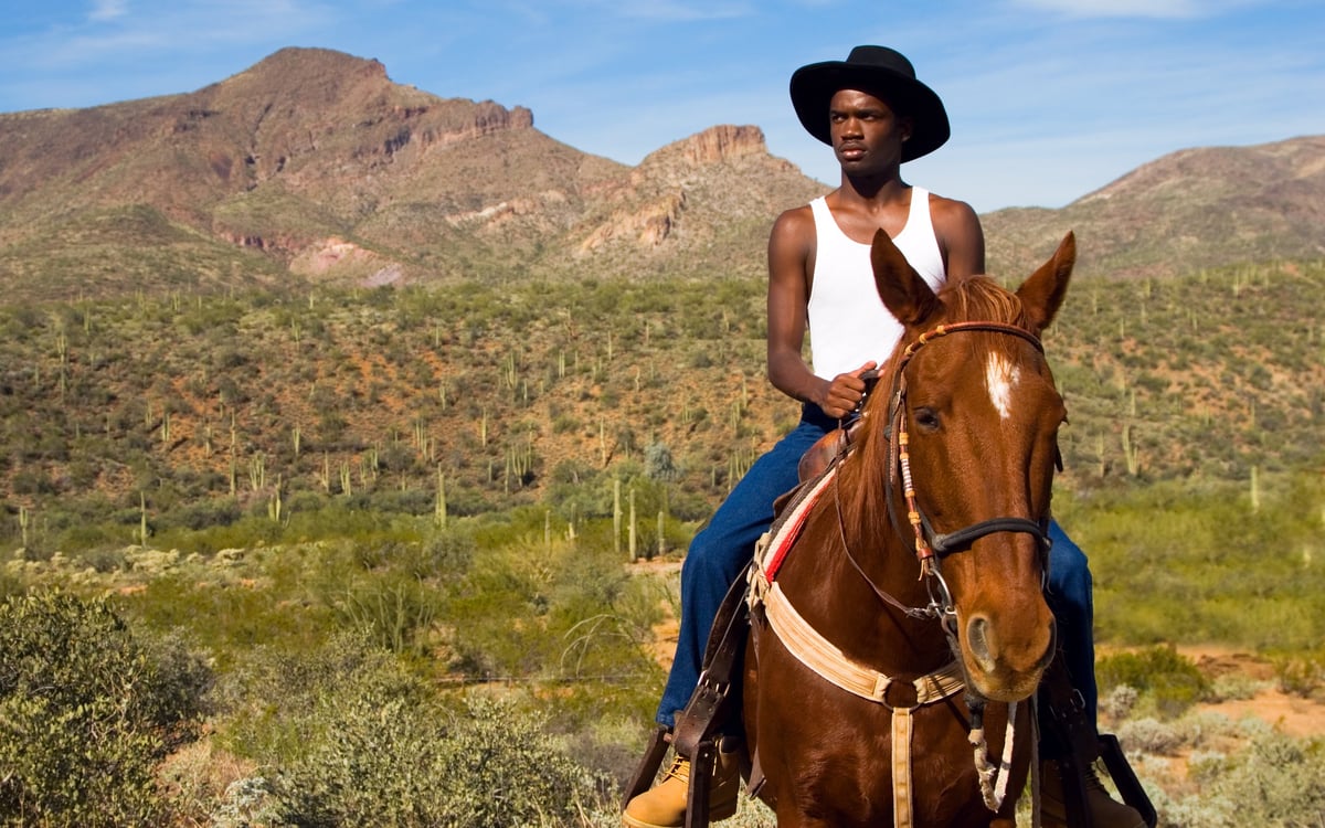 Person in a white tank top and black hat riding a brown horse in a desert landscape with mountains and cacti.