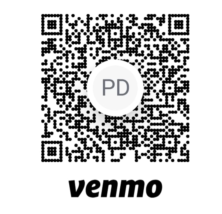 QR code with PD initials in center circle and Venmo logo below